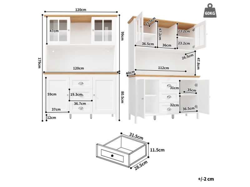 Buffet haut de cuisine avec éclairage led - 4 portes, 3 tiroirs - 120x40x179 cm - blanc et noir - rangement latéral - Conforama C