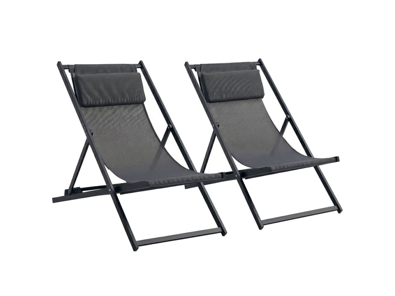  Ensemble de 2 chaises longues pliantes en aluminium avec dossier et appui-tête réglables sur 5 positions, 60 x 100 x 85 cm, gris  - Conforama A