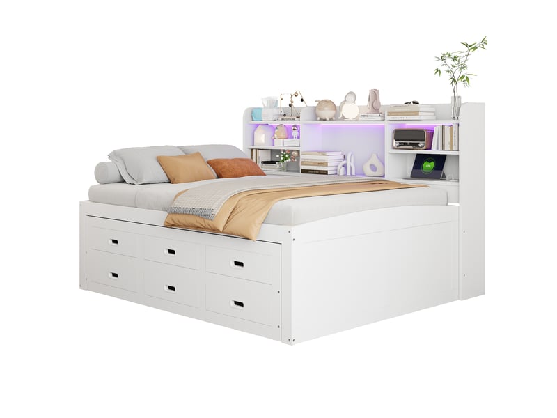  Lit banquette 140x200 cm blanc, éclairage led, tiroirs intégrés et prises usb-c  - Conforama A