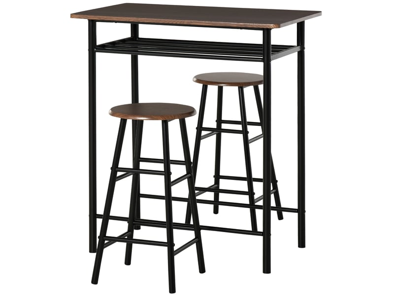  Table haute avec 2 tabourets pour cuisine, salon, bar, structure en acier avec repose-pieds et étagère  - Conforama A