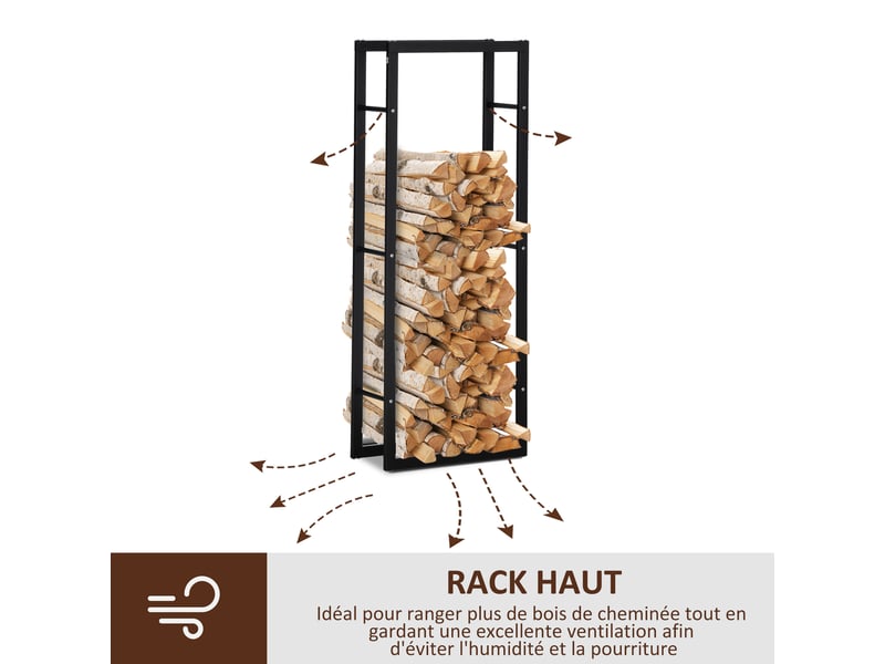 Porte-bûches métal noir, capacité 100 kg, 60 x 25 x 150 cm, intérieur et extérieur  - Conforama W