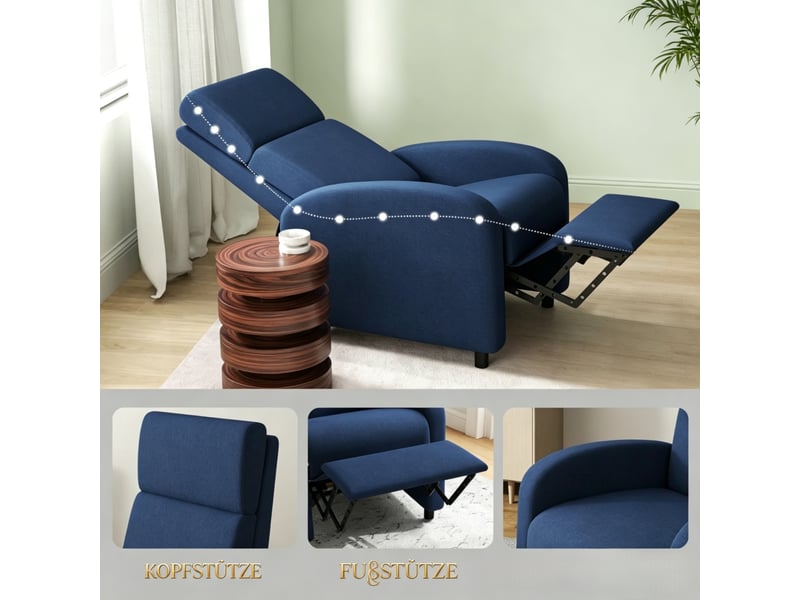  Fauteuil relax bleu inclinable, fauteuil tv avec repose-pieds intégré, dossier à 160 degrés pour salon et bureau  - Conforama D