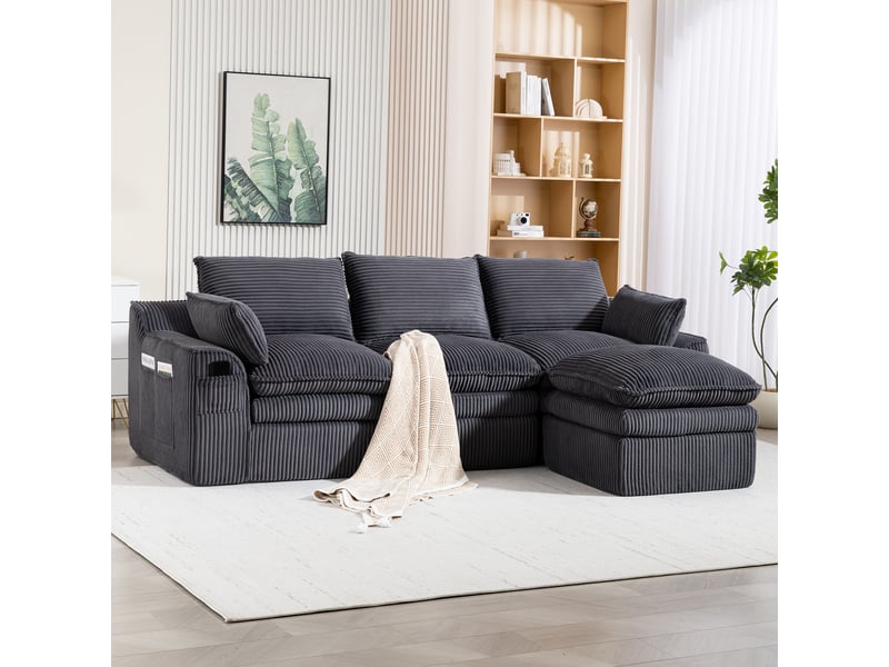 Canapé 3 places velours côtelé gris foncé avec pouf - modulable 263 cm - mousse 3 couches et ressorts - Conforama W