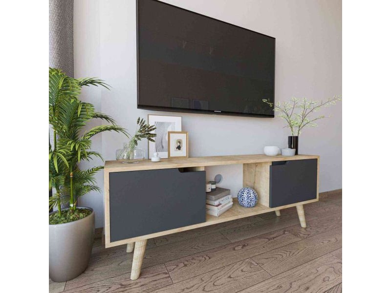  Meuble tv 2 portes en aggloméré siena anthracite et chêne  - Conforama B