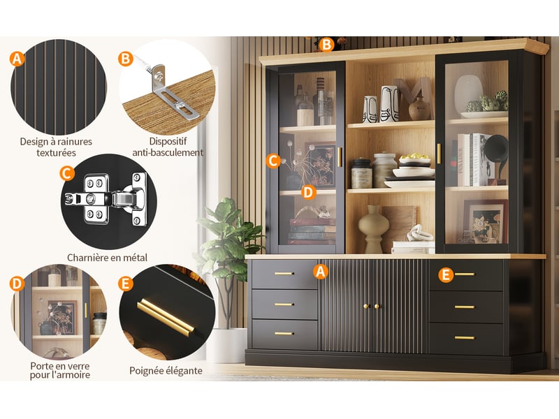 Buffet cuisine avec portes vitrées et 6 tiroirs, 140 x 40 x 185 cm, étagères réglables et dispositif anti-basculement, mdf, noir Morn Vibe - Conforama E