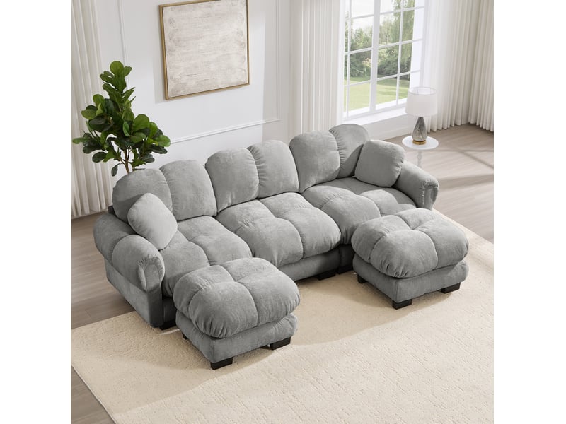 Canapé modulable modenvie 3 places en u avec ottomane mobile et 2 coussins décoratifs, tissu chenille gris clair 260 x 149 x 90 cm - Conforama B