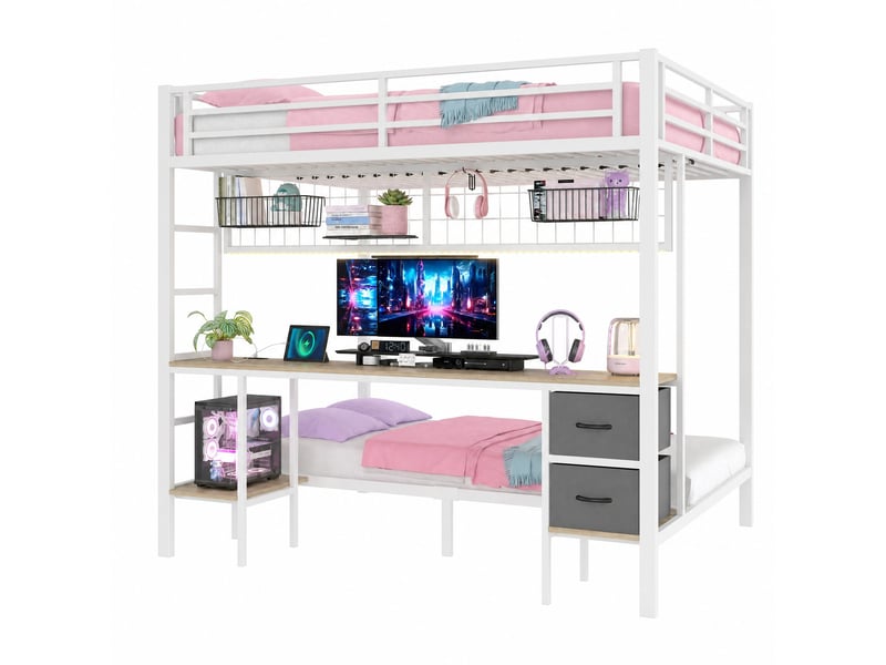  Lit superposé enfant 140x200 cm avec bureau, rangements et led blanc  - Conforama A