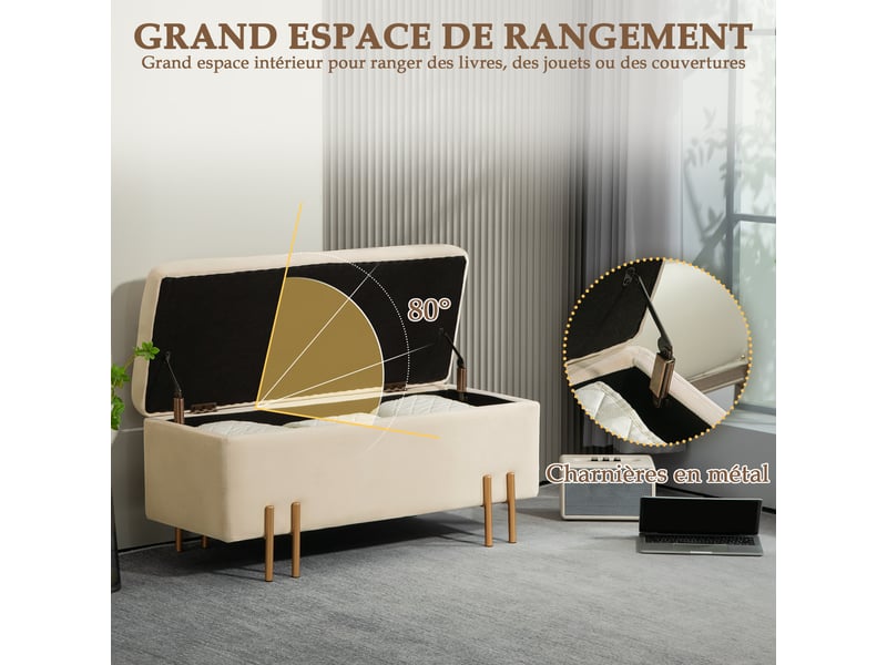 Banc de rangement coffre de rangement design contemporain - espace de rangement velours beige métal piètement doré - Conforama A