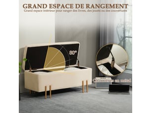 Banc de rangement coffre de rangement design contemporain - espace de rangement velours beige métal piètement doré