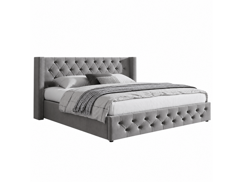  Lit coffre 140x190 cm avec rangement hydraulique, lit double capitonné style chesterfield avec boutons et double rangée de rivets, en flanelle, gris Seren Glow - Conforama E
