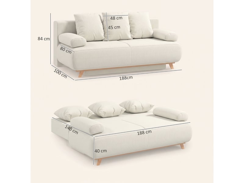 Canapé convertible avec coffre de rangement, banquette clic clac lit 2-3 places pour salon, et revêtement velours côtelé 188x100x84 cm, beige - Conforama E
