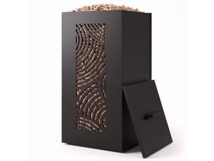 Casabel réservoir pellets & granulés avec roulettes, cap. 45kg, métal noir, niveau visible, motif zen