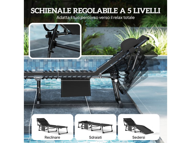 Ensemble de 2 chaises longues de jardin pliantes et inclinables à 5 positions avec coussins, 57 x 200 x 38 cm, noires - Conforama E