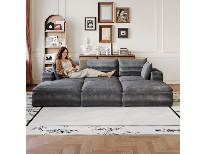  Grand canapé velours côtelé gris foncé 260 cm, canapé nuage sans montage pour salon et appartement  - Conforama D