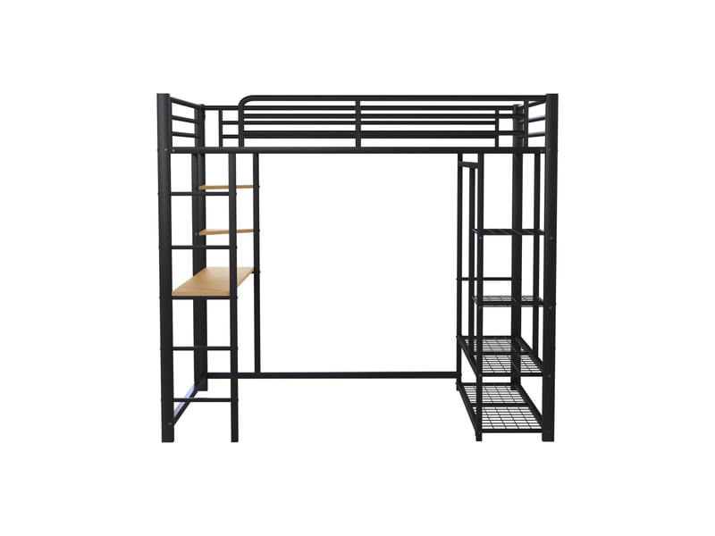  Lit mezzanine enfant 140x200 cm, table, étagère, garde-corps, sommier, métal noir, sans matelas  - Conforama R
