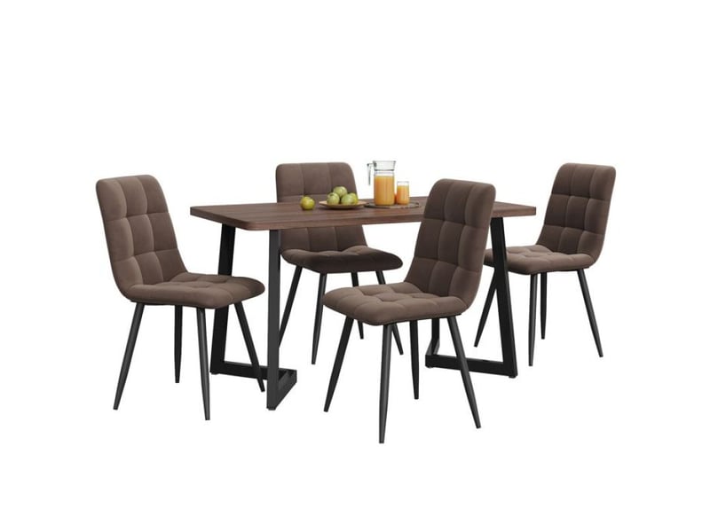  Lot de 4 chaises de salle à manger -  - 5 pièces - velours marron - mdf noyer - pieds métal noir  - Conforama A