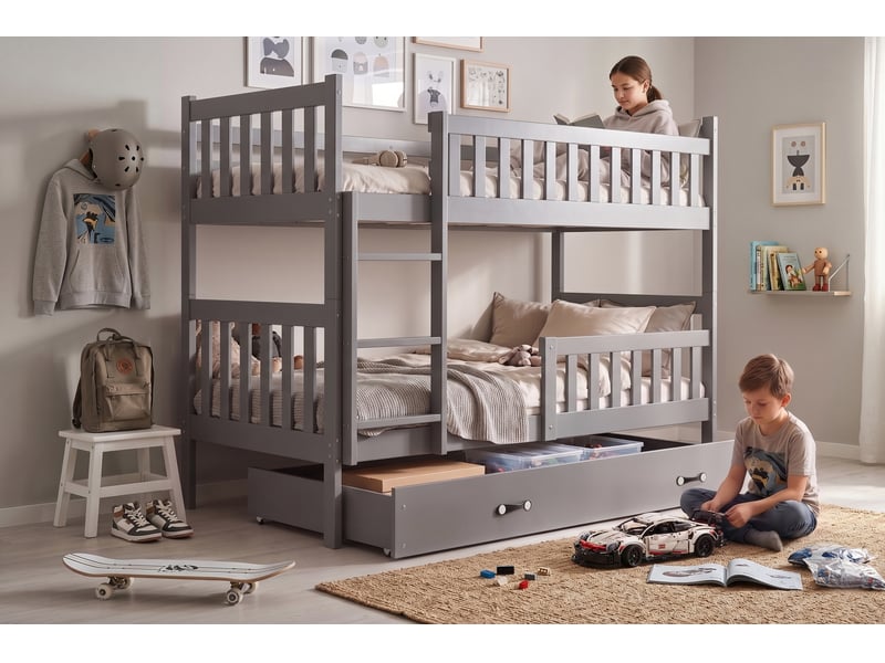 Lit superposé séparable 90x190 cm quba interbeds - bois massif de pin avec barrière, sommier, tiroir – gris - Conforama D