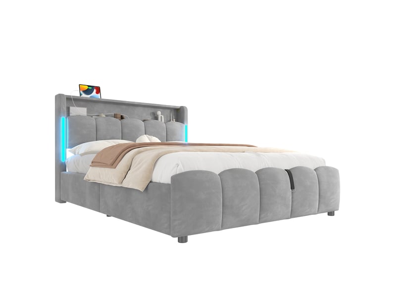  Lit rembourré 140 x 200 cm sans matelas, led, coffre hydraulique, tête avec rangement, usb et type-c, velours gris  - Conforama A