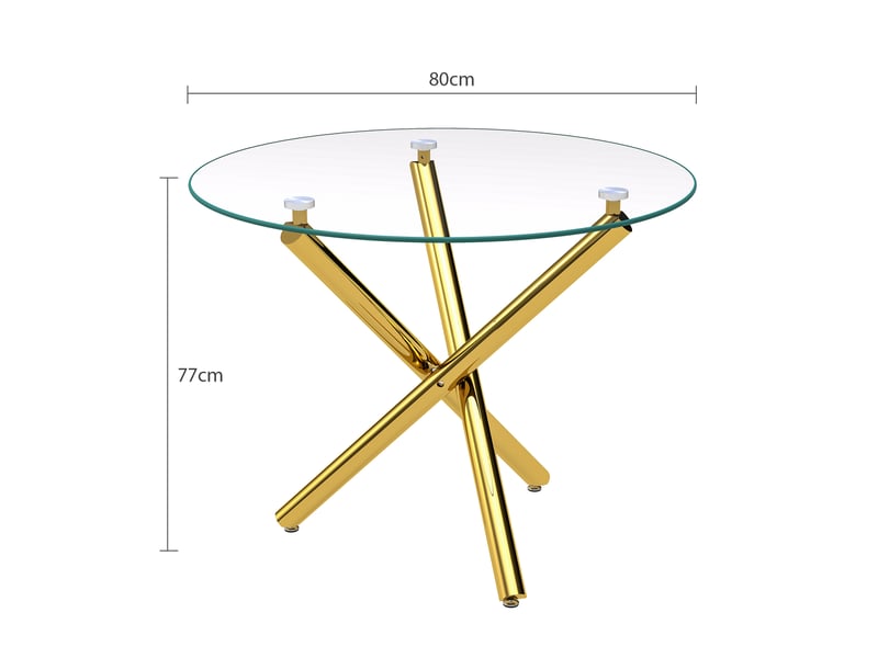  Table à manger ronde 80 x 80 x 76 cm, verre trempé, pieds en métal doré  - Conforama C