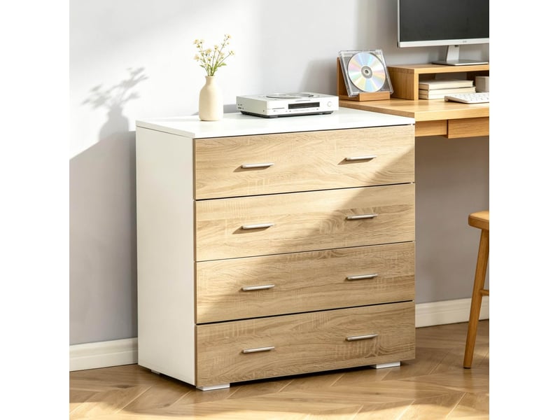  Commode 4 tiroirs 76 x 35 x 72 cm blanc et bois clair, panneau de particules avec dispositif anti-basculement  - Conforama B
