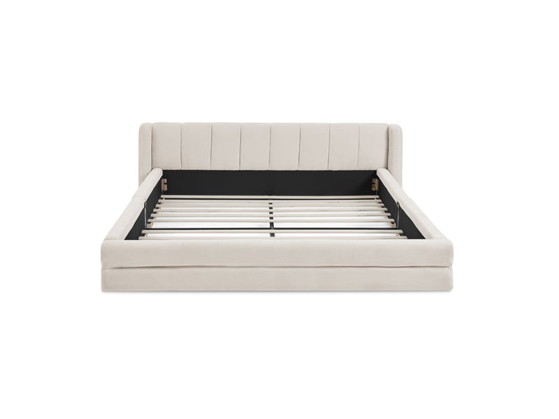  Lit double 160x200, cadre renforcé, tête de lit ergonomique capitonnée, mousse et tissu chenille, beige, sans matelas  - Conforama A