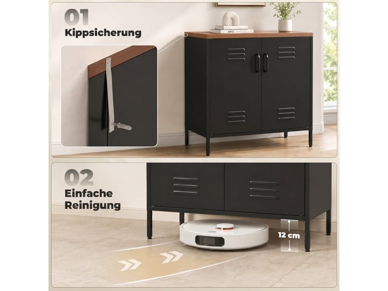  Buffet de rangement 2 portes avec étagère réglable - lpospi - acier effet bois noir 80 × 40 × 80 cm  - Conforama E