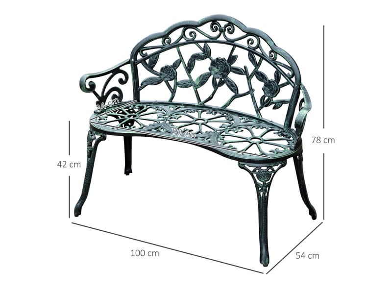  Banc de jardin 2 places 100x54x78 cm – vert antique – dossier fleuri en métal, avec accoudoirs, style vintage  - Conforama C