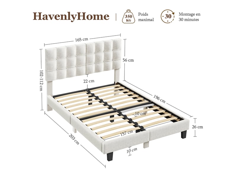 Lit 160x200 havenlyhome – capitonné velours beige – tête de lit + sommier à lattes inclus – double adulte  - Conforama W