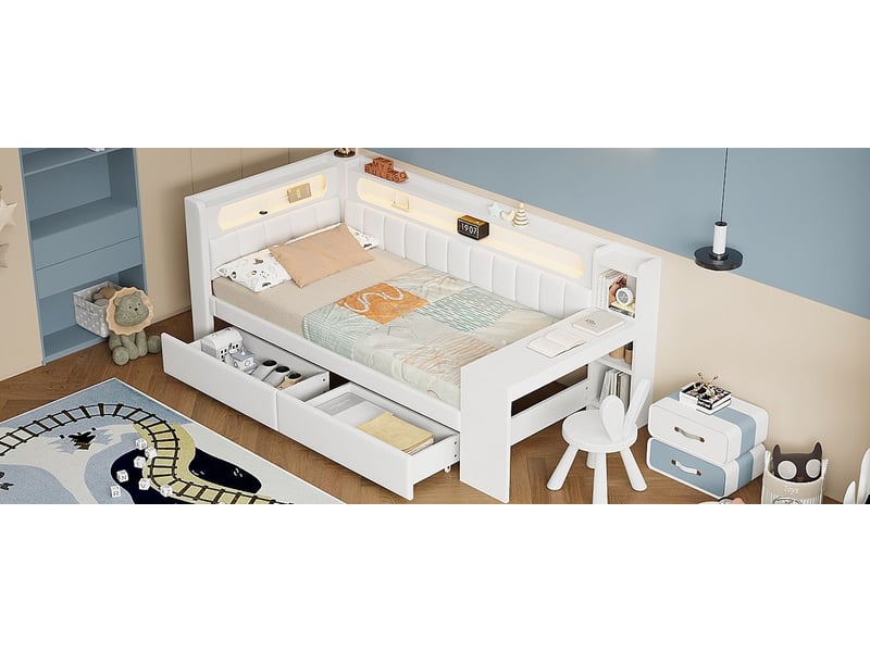Lit enfant 90x200, ports usb lit combine enfant, led multicolore, bureau intégré, 2 tiroirs rangement, structure bois - Conforama B