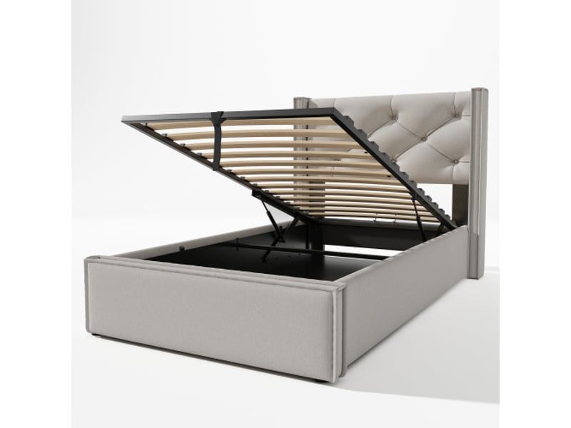 Lit coffre 90x200 cm, lit simple avec sommier à lattes en métal, grand espace de rangement, en coton, gris clair, sans matelas - Conforama E