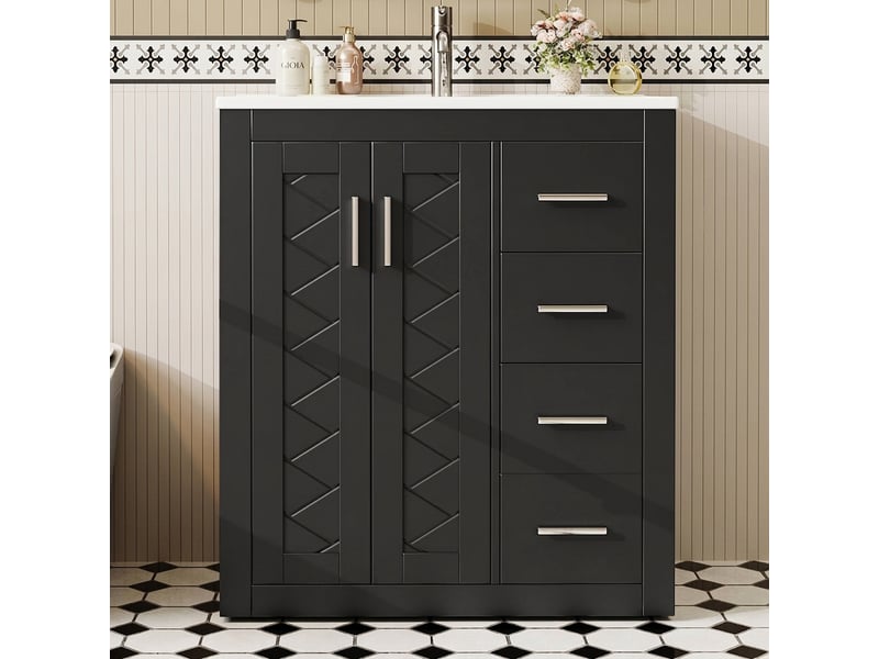  Meuble salle de bain sur pied 76 cm avec lavabo en céramique intégré mdf laqué noir  - Conforama B