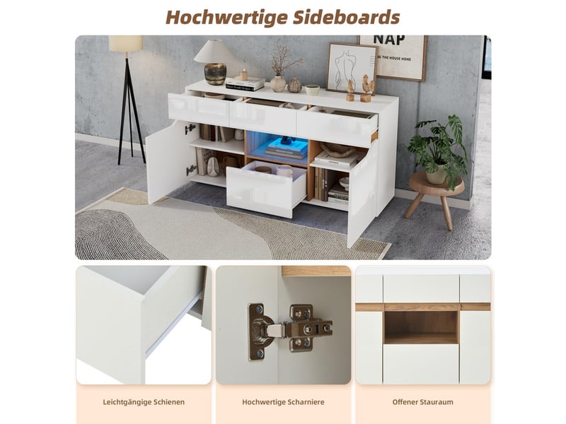  Buffet, 140x40x70 cm, armoire de rangement avec 2 portes et 4 tiroirs, éclairage led, blanc  - Conforama E