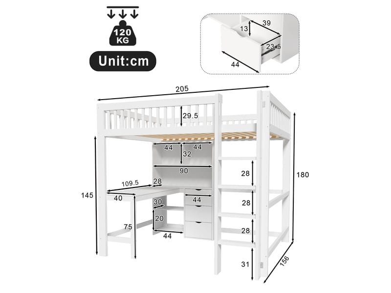  Lit mezzanine 140x200 blanc avec bureau, échelle, étagères et 3 tiroirs, structure en pin et mdf, couchage surélevé enfant  - Conforama C