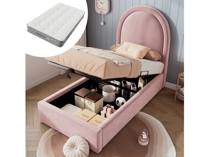  Modenvie lit coffre enfant 90x200 cm - velours rose, rangement intégré - avec matelas - rose  - Conforama B