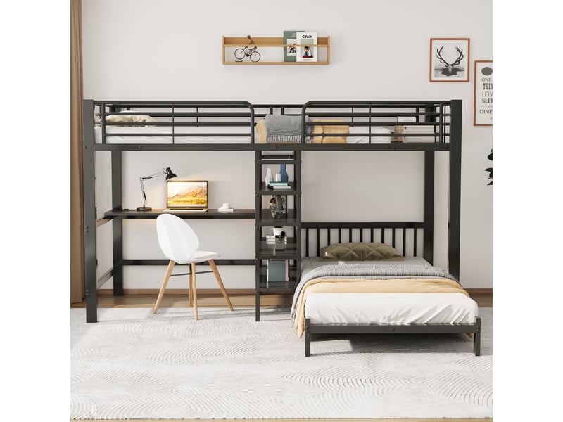 Lit superposé 90x200 cm - avec bureau en l prises usbtype-c rangement échelle en747 - noir - Conforama B
