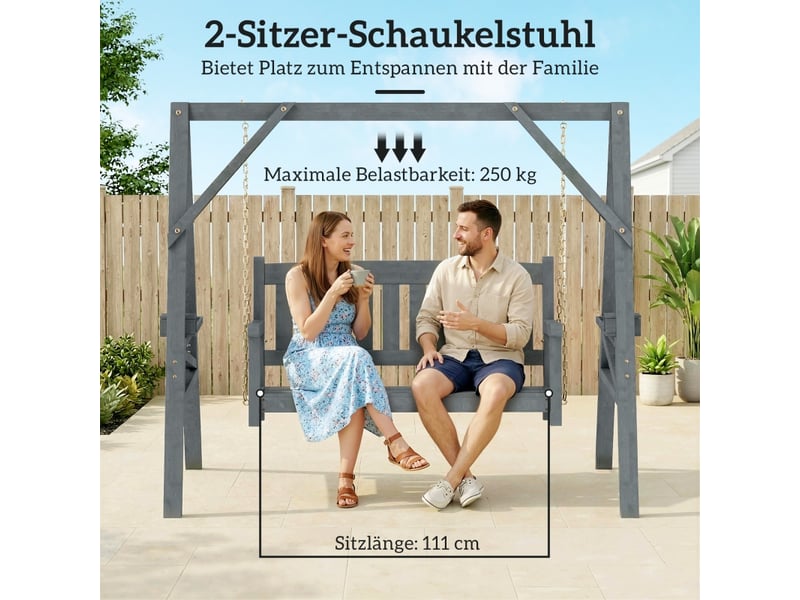  Balançoire de jardin 2 places, banc-balançoire en bois avec étagères, porte-gobelets et chaînes métalliques, grise  - Conforama C