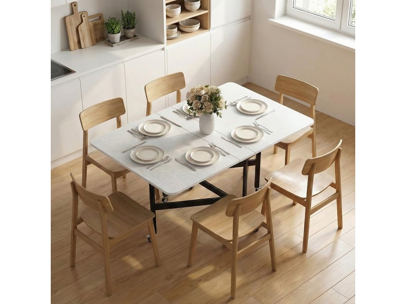  Table pliante pour 4 à 6 personnes avec 2 rabats et roulettes avec freins, 120 x 80 x 73 cm, bois blanc  - Conforama D