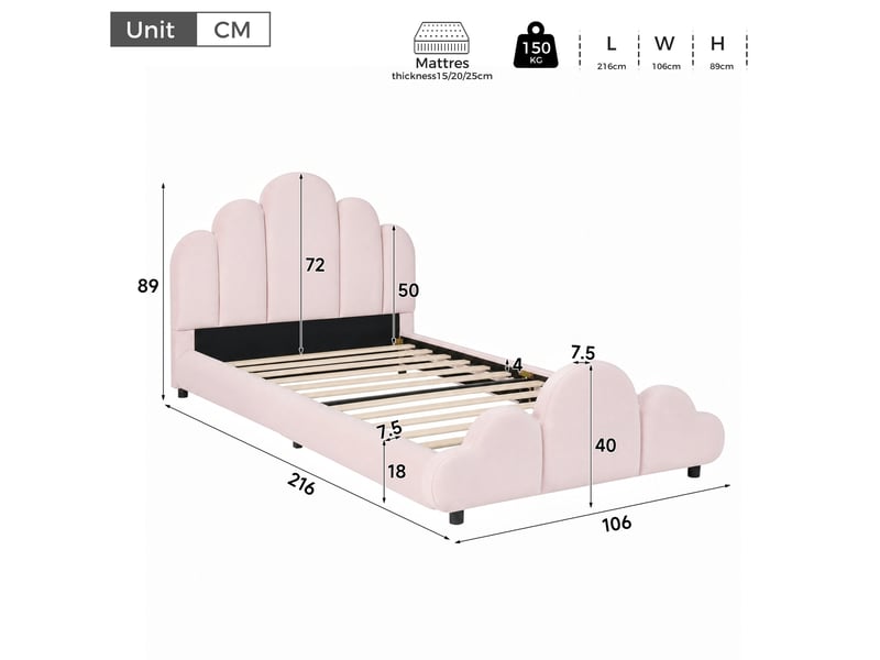  Lit enfant 90x200 cm en velours rose avec sommier à lattes  - Conforama C