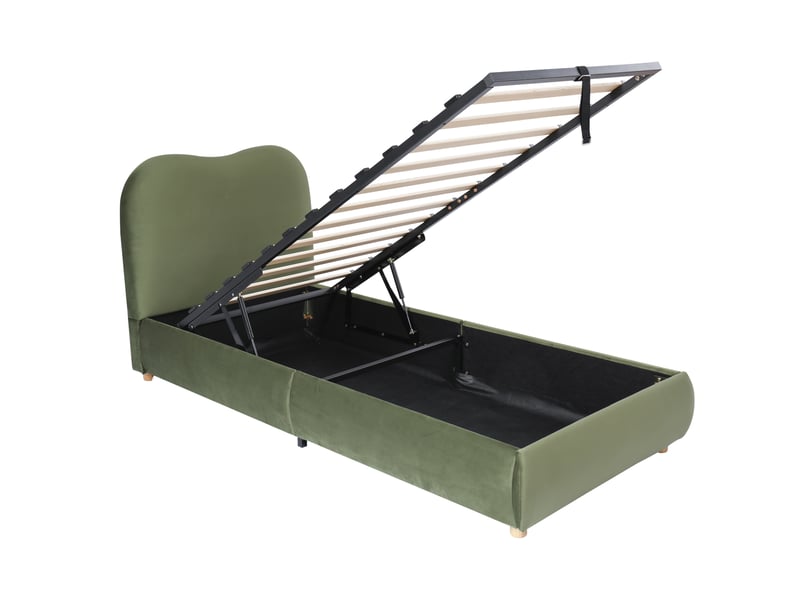 Lit enfant capitonné de 90 × 200 cm, avec coffre de rangement hydraulique et tête de lit capitonnée, tissu velours, vert - Conforama B