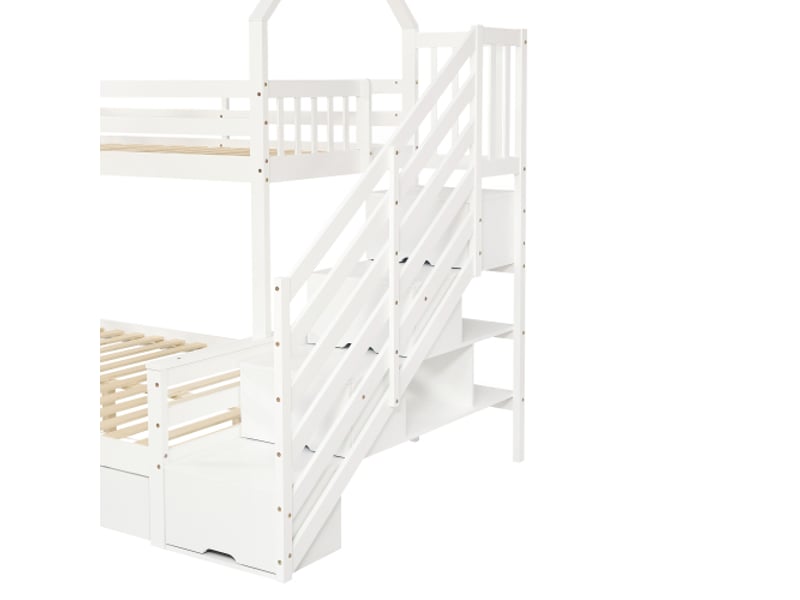  Lit superposé enfant 90x200 cm et 140x200 cm, 2 tiroirs, barrière de sécurité, escalier, en bois, blanc, sans matelas  - Conforama E