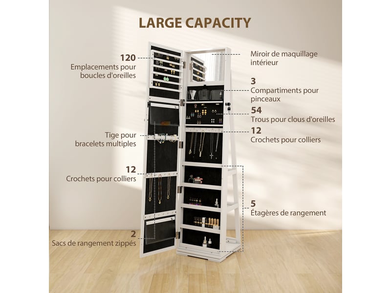  Armoire à bijoux pivotante verrouillable boîte à bijoux avec miroir - en bois blanc - armoire bijoux multi-rangement  - Conforama E