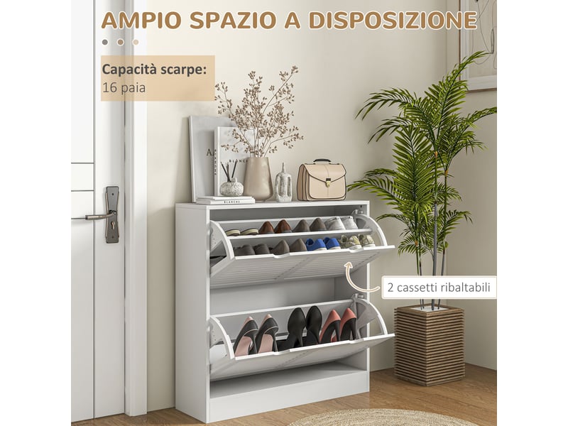  Étagère à chaussures en bois gain de place pour 16 paires de chaussures avec 2 placards à portes abattantes, 81,5 x 25 x 83 cm, blanche  - Conforama E