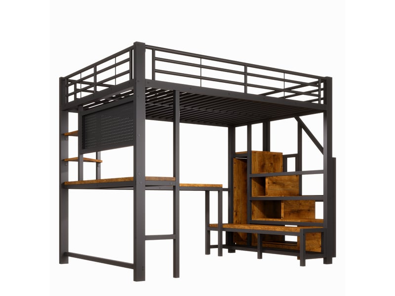Lit mezzanine 140x200 cm avec bureau, rangements, led et prises usb, noir, moderne - Conforama E