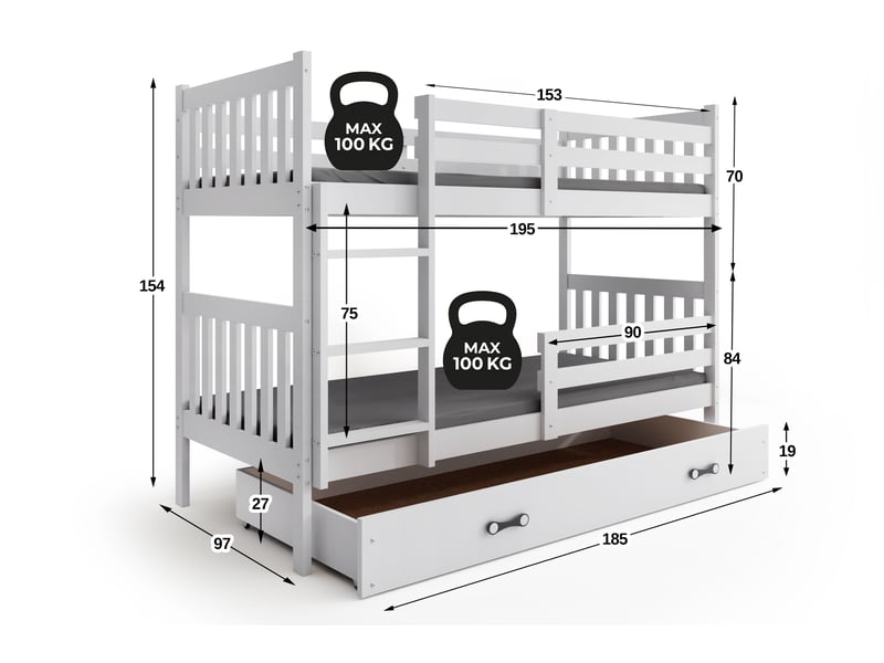  Lit superposé séparable 90x190 cm kacper interbeds - bois massif de pin avec barrière, sommier et tiroir - blanc  - Conforama C