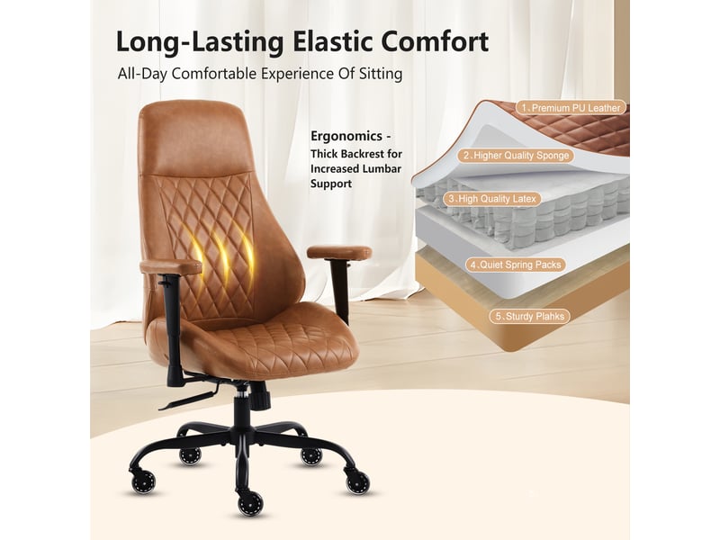  Chaise de bureau haute,avec accoudoirs réglables,similicuir,marron  - Conforama E