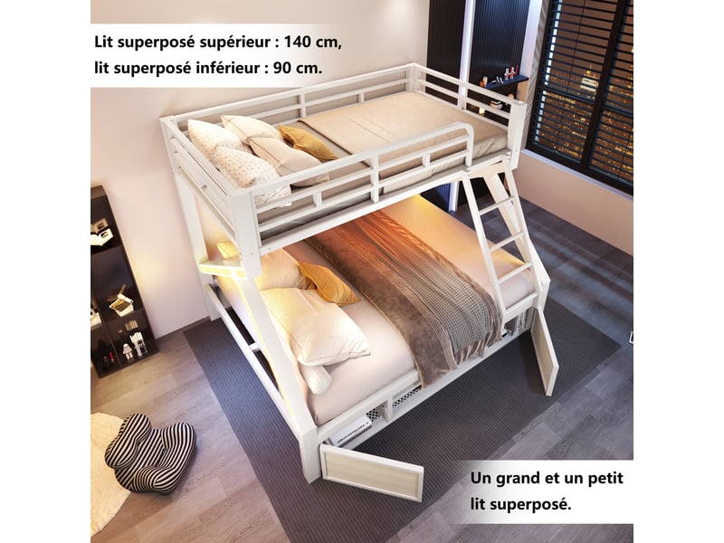  Lit superposé 90x200140x200 cm, lit enfant, échelle, rangements intégrés, cadre métallique robuste, éclairage led, design moderne, mdf et métal blanc OPULERANE TRADING LTD - Conforama E