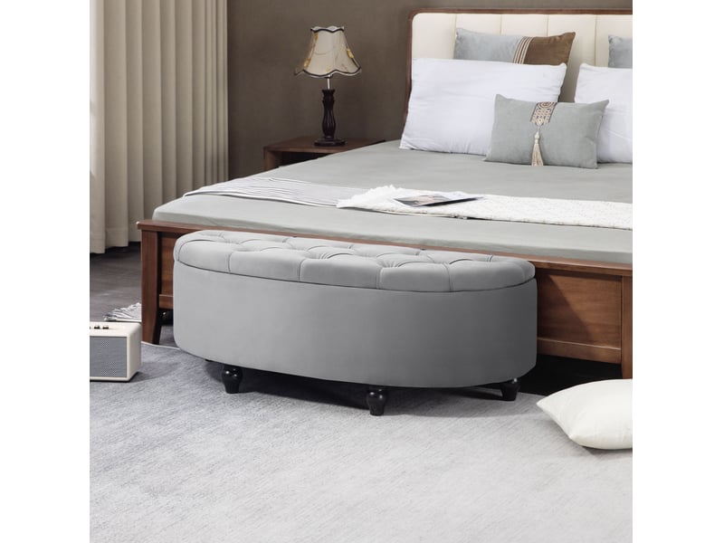 Banc de rangement 120 x 46 x 42 cm gris en velours polyester, assise capitonnée et coffre intégré, pieds noirs  - Conforama B