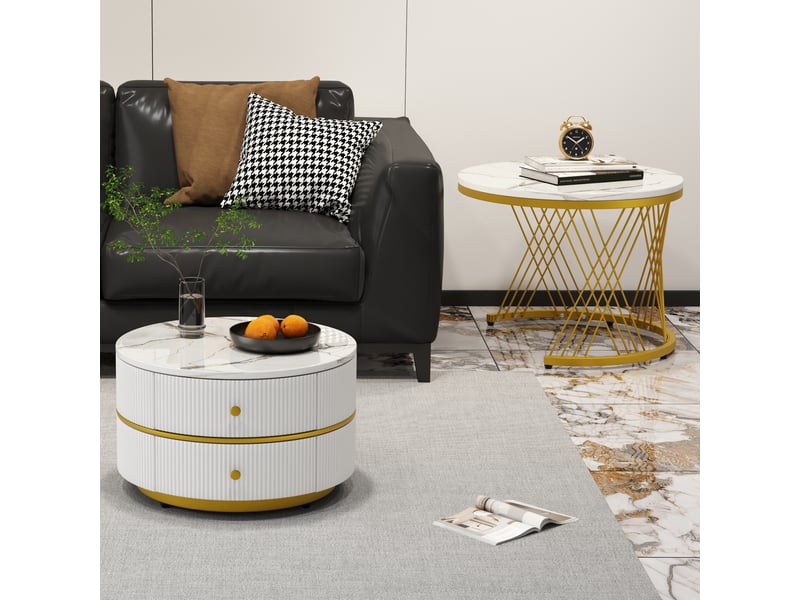  Table basse gigogne blanche lot de 2 tables basses rondes effet marbre avec 2 tiroirs  - Conforama R