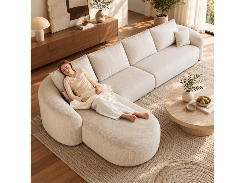 Canapé d’angle modulable 336 cm, 3 places, mousse compressée sans montage, assise profonde avec coin, blanc - Conforama B