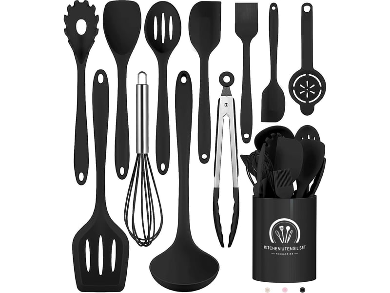  Set de 12 ustensiles de cuisine en silicone noir avec support chicfurn  - Conforama W